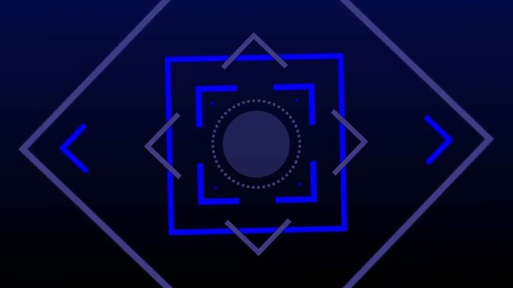 Blue geometric shapes over moving rows of spots and blue circles