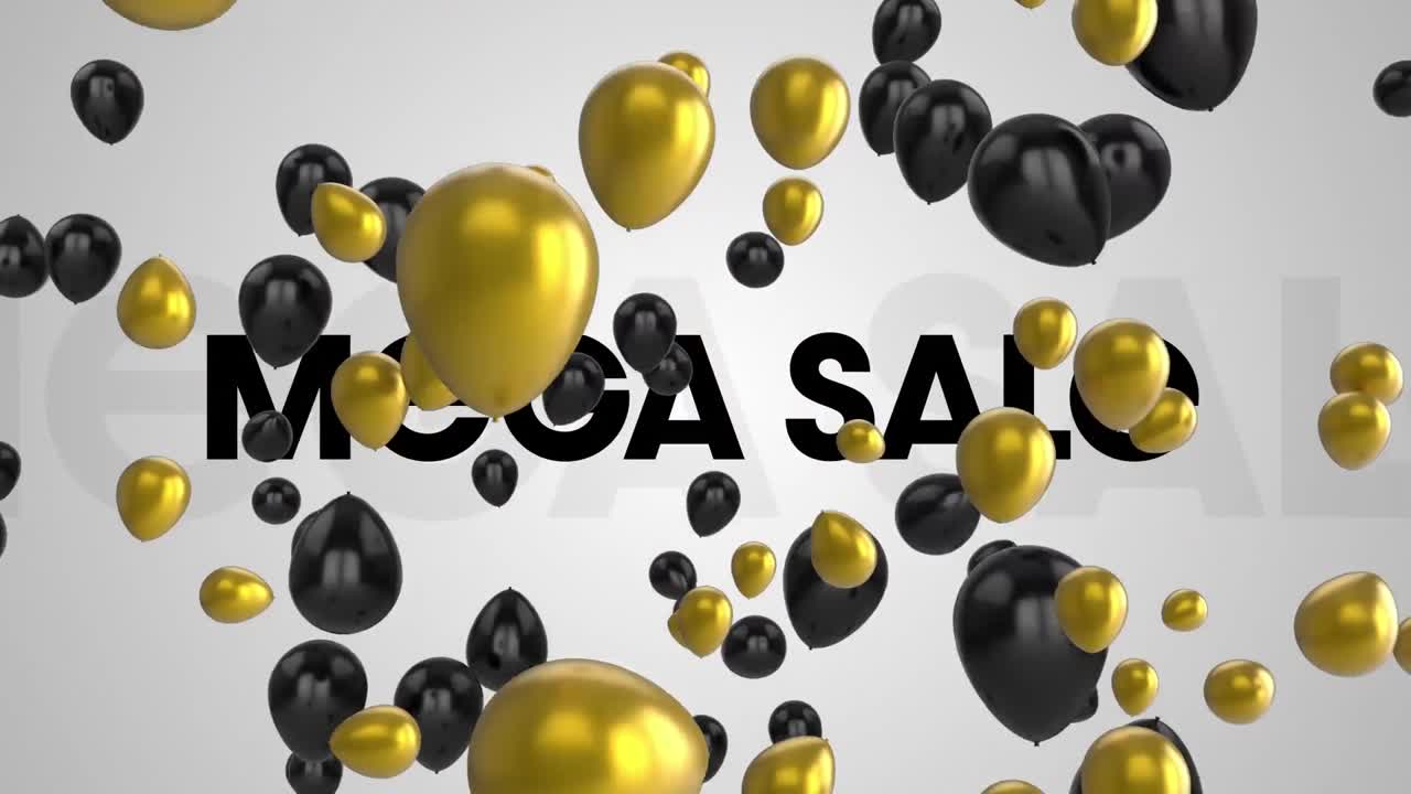 animación de globos dorados y negros flotando sobre el texto de la mega venta del estandarte contra un fondo gris