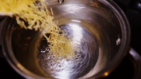 golden vermicelli hits hot pan surface in slow motion during cooking process shot