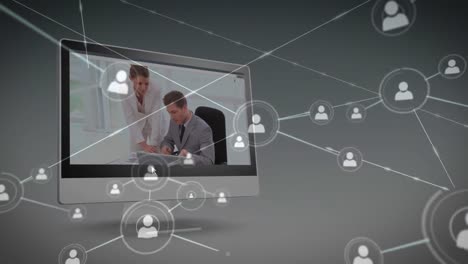 animación de la red de conexiones a través de diversas personas de negocios en la pantalla de la computadora.