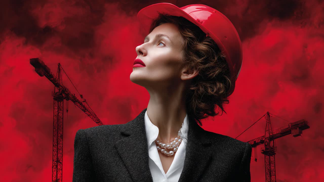 A Confident Woman in a Hard Hat: Symbolizing Empowerment and Strength in the Construction Industry Against a Striking Red Background