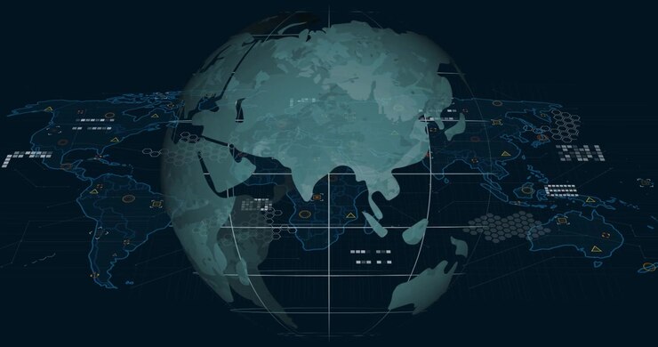 Teal globe initiating eastward rotation, visualizing data network with fading icons blinking nodes
