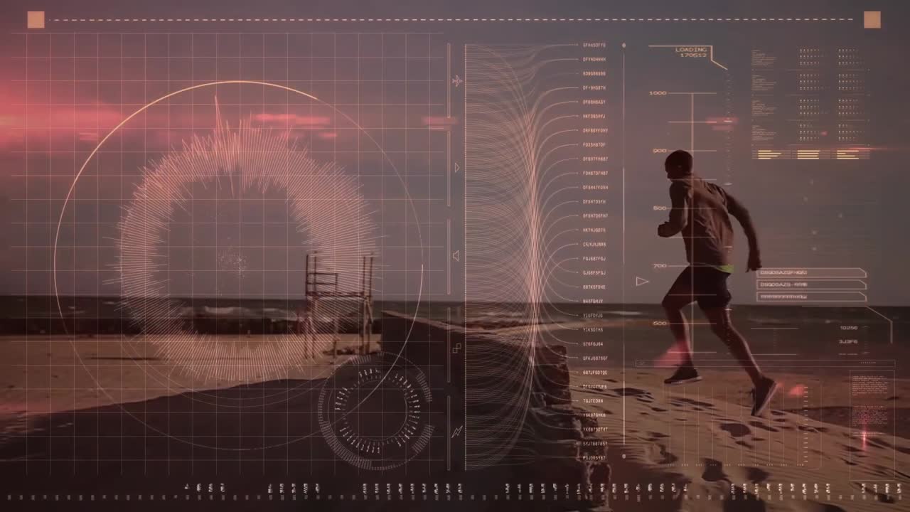 Animation of data processing over fit man running at beach
