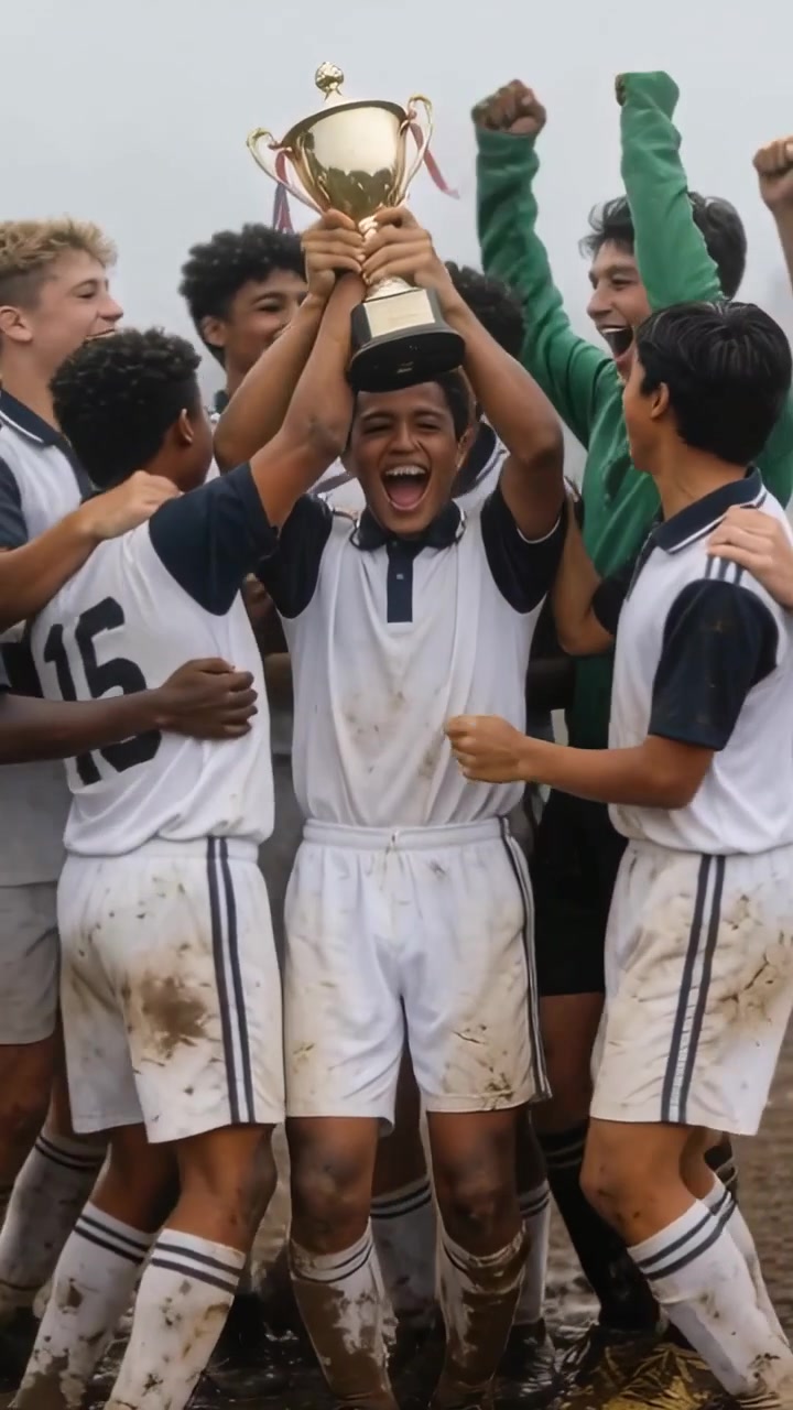 Video vertical: Celebrando el título, capitán y equipo con uniformes embarrados levantando y pasando la copa en el campo.