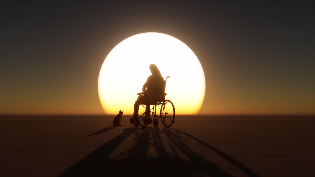 discapacitado en silla de ruedas con un gato al lado