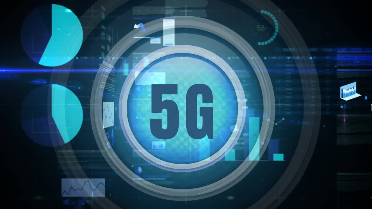 pulsante 5g su sfondo scuro con grafici e grafici di dati