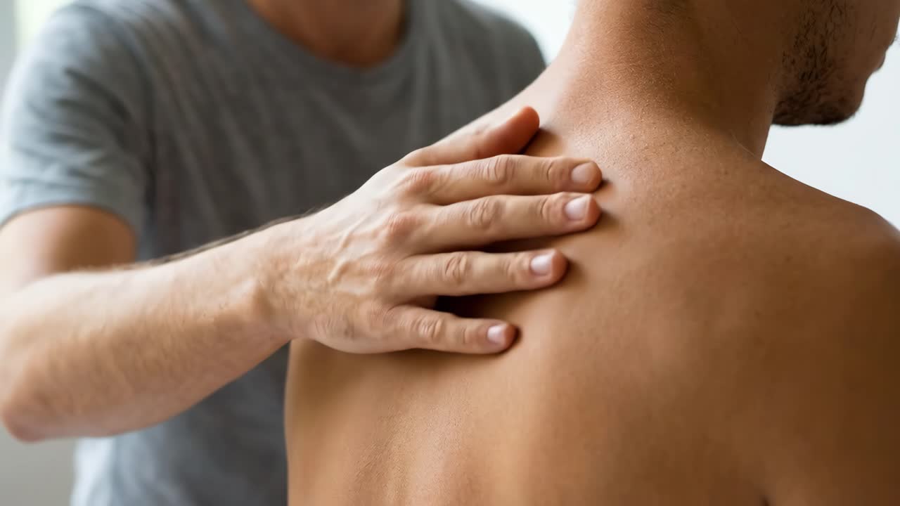 Physical Therapist Massaging Man's Shoulder and Upper Back