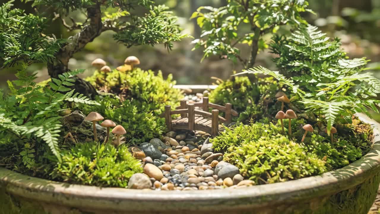 Giardino bonsai in miniatura dettagliato con ponticello e funghi