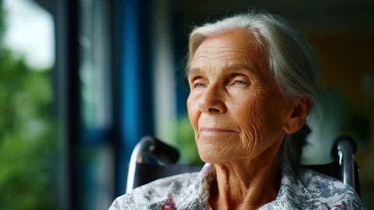 Momenti di riflessione di un'anziana donna immersa nei suoi pensieri, che mette in mostra la sua espressione serena e il calore della luce naturale catturata in un accogliente ambiente interno