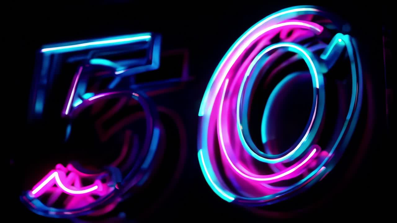 Light trails creating the number fifty with motion blur effect, glowing in vibrant neon colors against a black backdrop, symbolizing a special anniversary or milestone