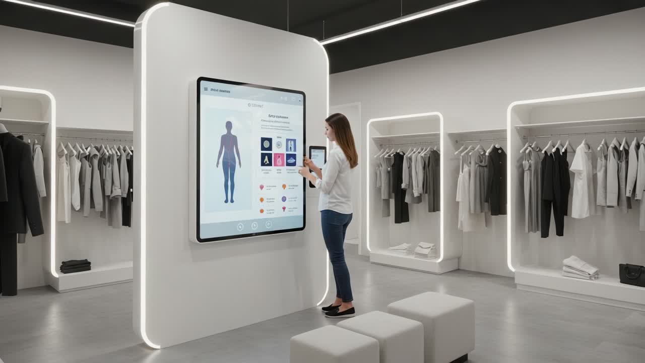 A Tech-Savvy Retail Experience: A Woman Interacting with an Interactive Display in a Modern Clothing Store Environment Featuring Digital Catalogs and Stylish Apparel