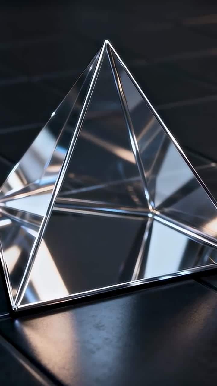 Vídeo vertical: luzes movediças mostrando uma pirâmide de vidro em um estúdio sobre azulejos reflexivos, reflexos em movimento