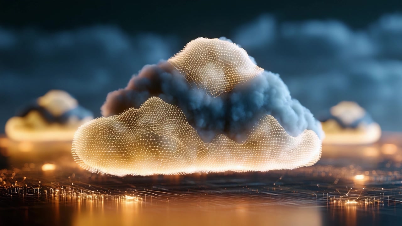 Ethereal Cloud Formation with Dazzling Light Effects: A Mesmerizing Digital Representation of Clouds with Dynamic Lighting in a Futuristic Setting
