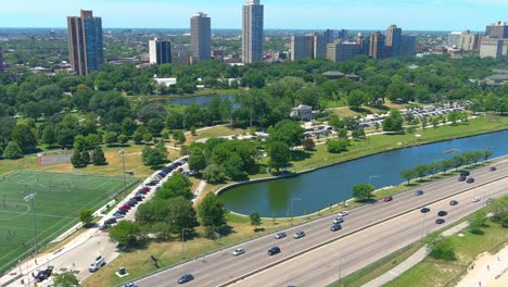 Aerial-flyby-shot-of-north-avenue-beach-in-Chicago-Illinois-|-Afternoon-lighting