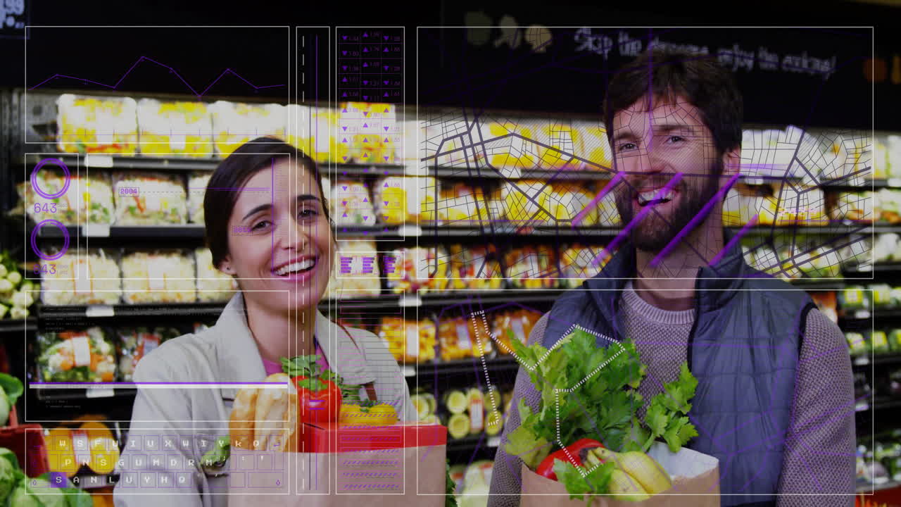 Holding groceries, smiling couple with digital animation overlay in supermarket