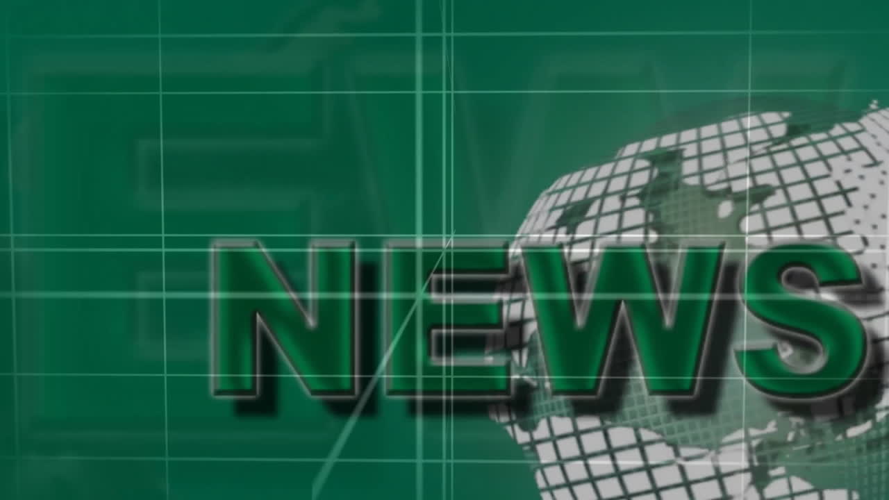 animación de texto de noticias sobre cuadrícula verde y fondo de globo, dinámica e informativa