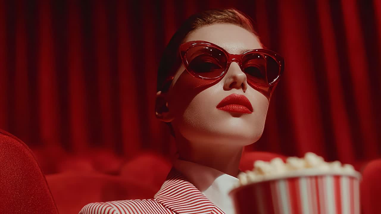 Zamanda yakalanmış sinematik bir an: cesur kırmızı dudakları ve büyük boy güneş gözlükleriyle şık bir kişi, canlı bir tiyatro ortamında patlamış mısır yiyerek retro cazibeyi yansıtıyor.