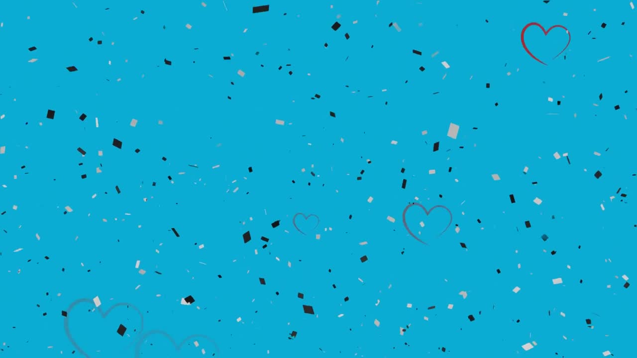 소셜 미디어의 심장 아이콘과 파란색 배경에 떨어지는 콘페티의 애니메이션