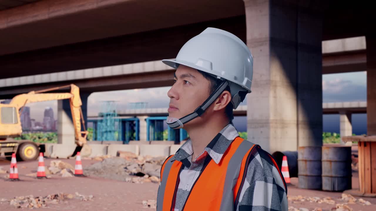 Inquadratura laterale ravvicinata di un ingegnere asiatico con casco di sicurezza che si guarda intorno mentre si trova nel sito di costruzione di un'autostrada