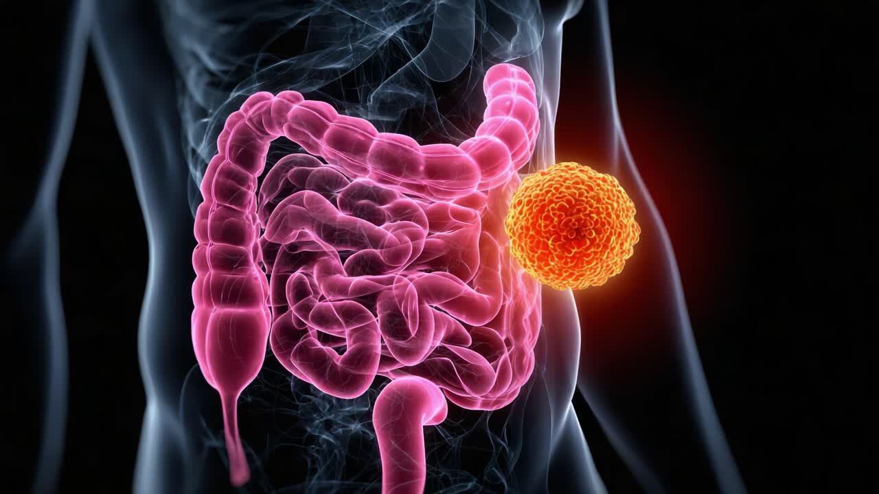 Visual Representation of Digestive System Highlighting Tumor Formation in Intestines, Showcasing the Interaction Between Healthy Organs and Cancer Cells