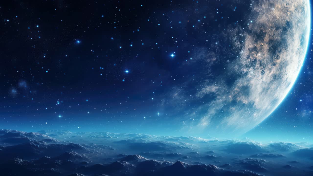 A breathtaking video still of a distant planet and starry sky