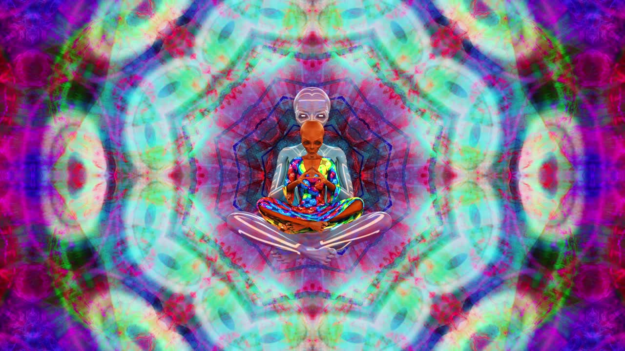 alienígena meditando en un colorido fondo psicodélico