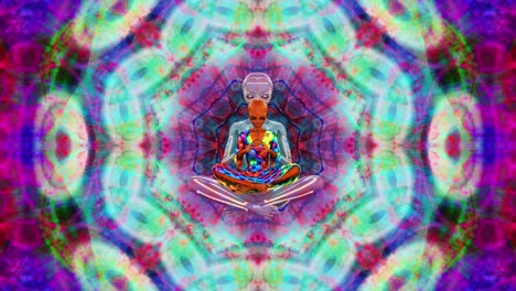 alien meditating on a colorful psychedelic background