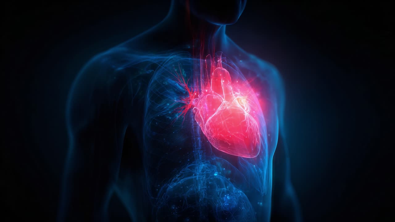A stunning representation of the human heart, illuminated in vibrant colors, showcasing its intricate anatomical structure and highlighting its vital role in the circulatory system within the human body
