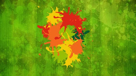 Animation-of-multiple-colorful-stains-over-green-background