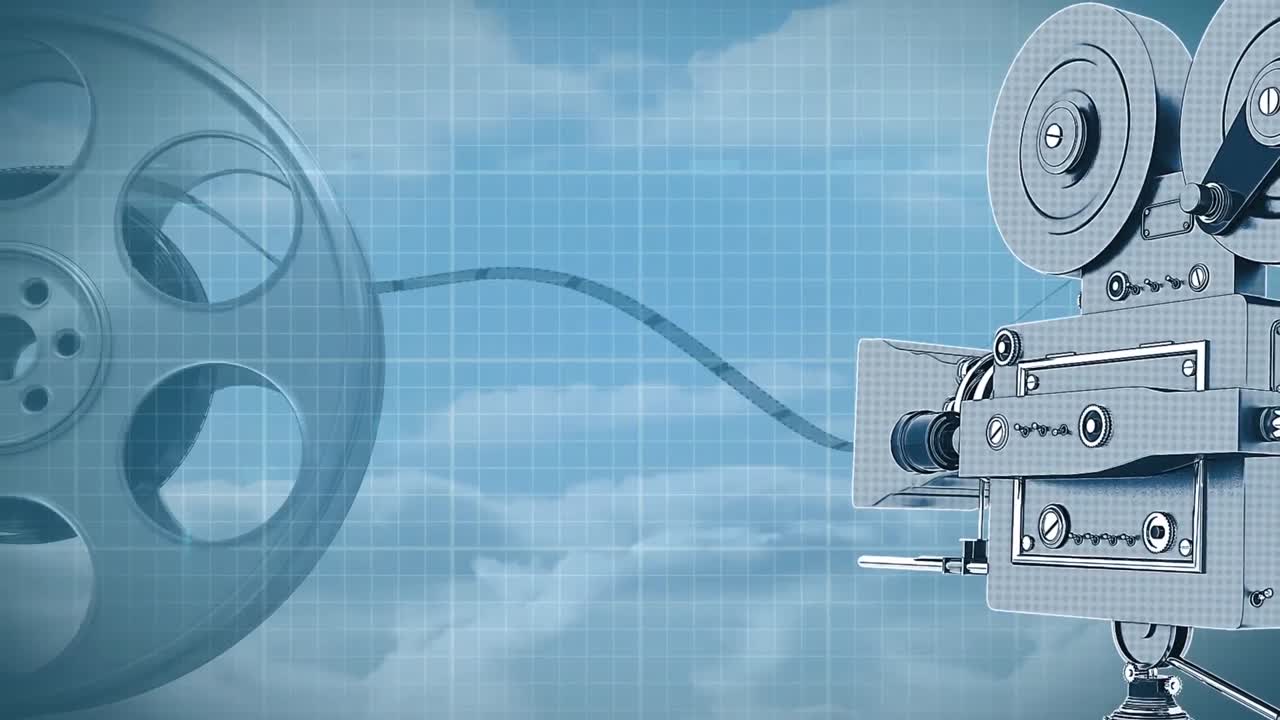 Animation of camera rolling with gird and clouds on blue sky in the background