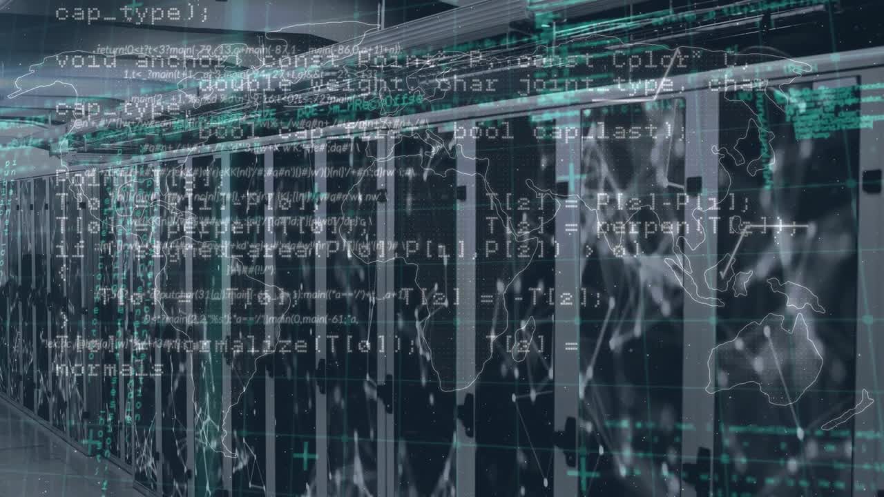 Animation of network of connections and data processing over server room