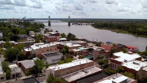 Aerial-bridge-in-wilmington-nc,-north-carolina,-vertical-lift-bridge-above-the-cape-fear-river