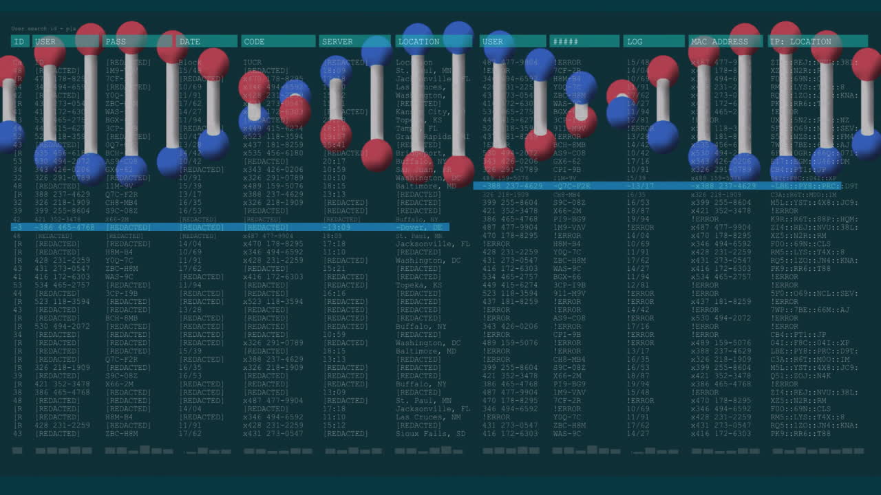 Molecular structure animation over digital data and code on dark background