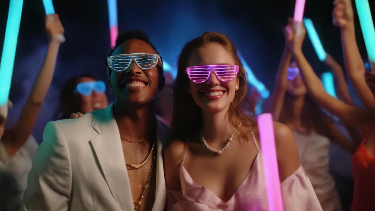 An electrifying celebration comes alive with vibrant glow sticks, dazzling neon lights, and joyful expressions, creating an unforgettable atmosphere of fun and camaraderie at a lively party