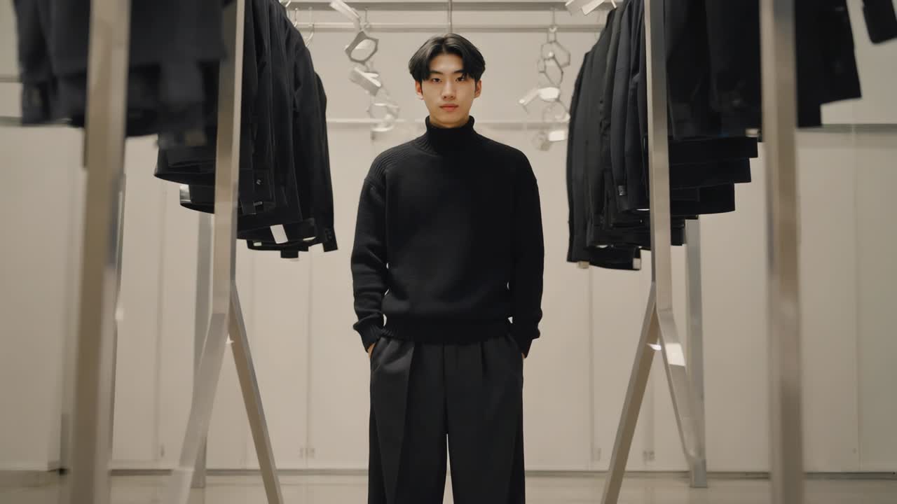 Man in black turtleneck and suit in clothing store