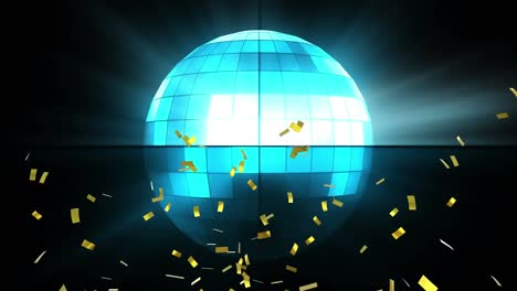 animation of falling golden confetti glowing disco ball over dark background