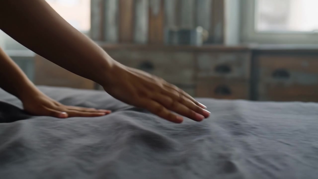 Tangan di tengah adegan merapikan seprai abu-abu di latar depan kiri-tengah dengan kamar tidur berlatar cahaya lembut