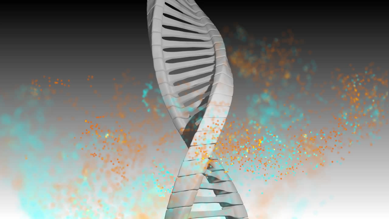cadena de adn con partículas de colores, animación de procesamiento de datos científicos