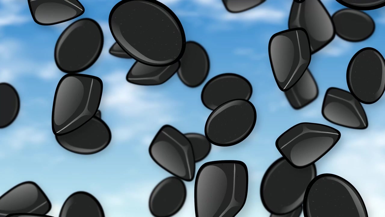 Stylized black stones and smooth pebbles fall vertically against a bright blue sky background.
