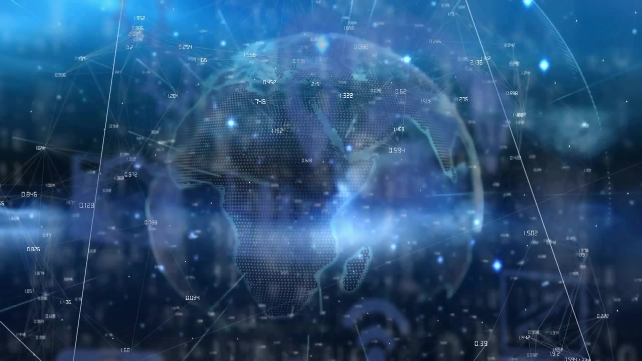 Dark blue scene sphere emerging into 3D Earth and nodes connecting via lines showing global network