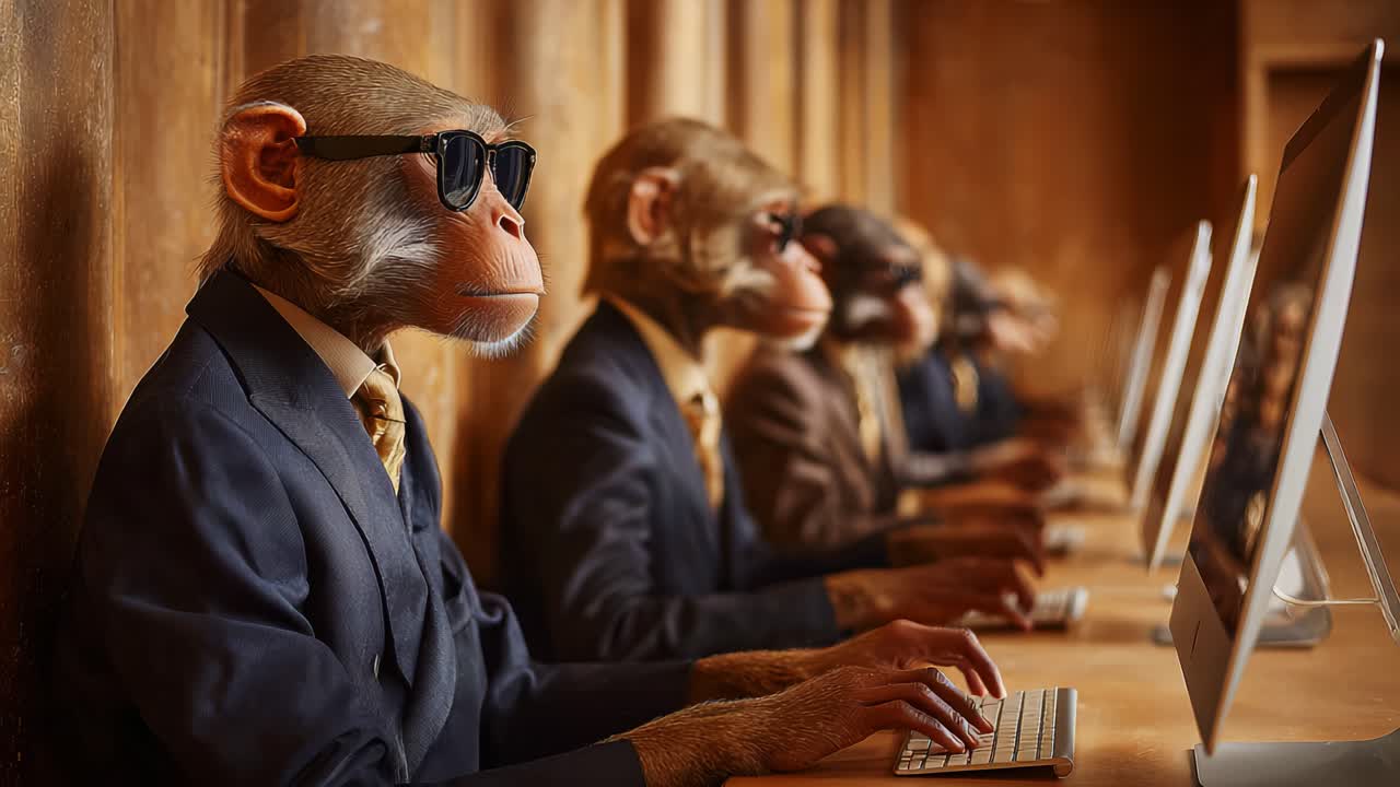 A group of well-dressed monkeys wearing sunglasses sits at desks in an office setting, focused on their computer screens while typing, showcasing a unique and humorous blend of professionalism and fun
