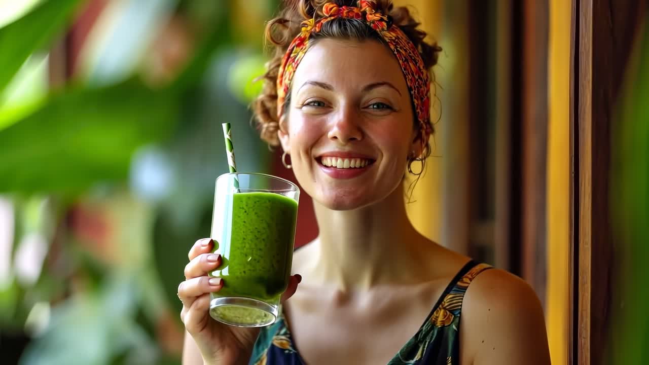 Un fermo immagine vibrante di un video di una donna sorridente che tiene in mano un frullato verde, catturato all'altezza degli occhi.