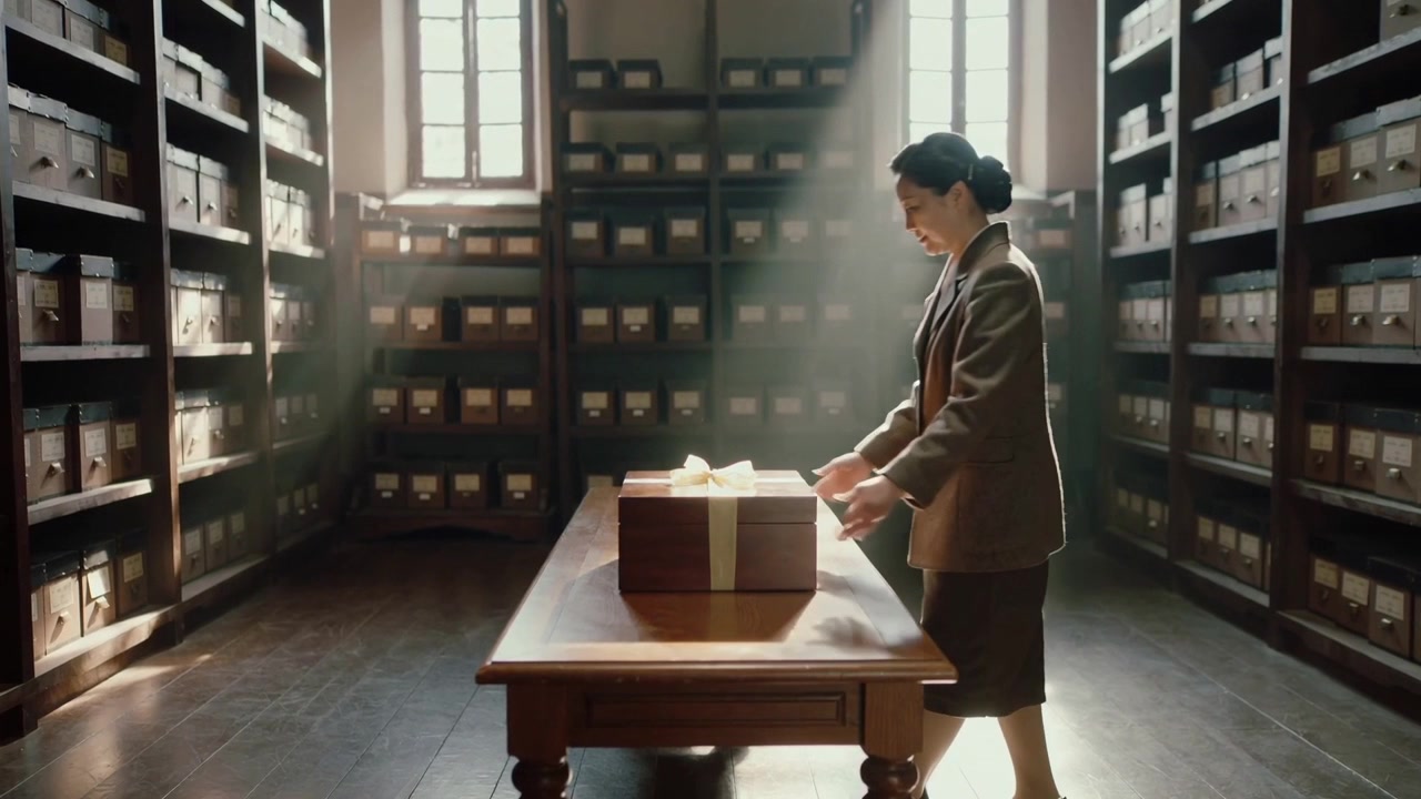 Archivista asiatica in giacca che posiziona una scatola avvolta e liscia un nastro su un tavolo per la cura dell'archivio, inchinandosi.