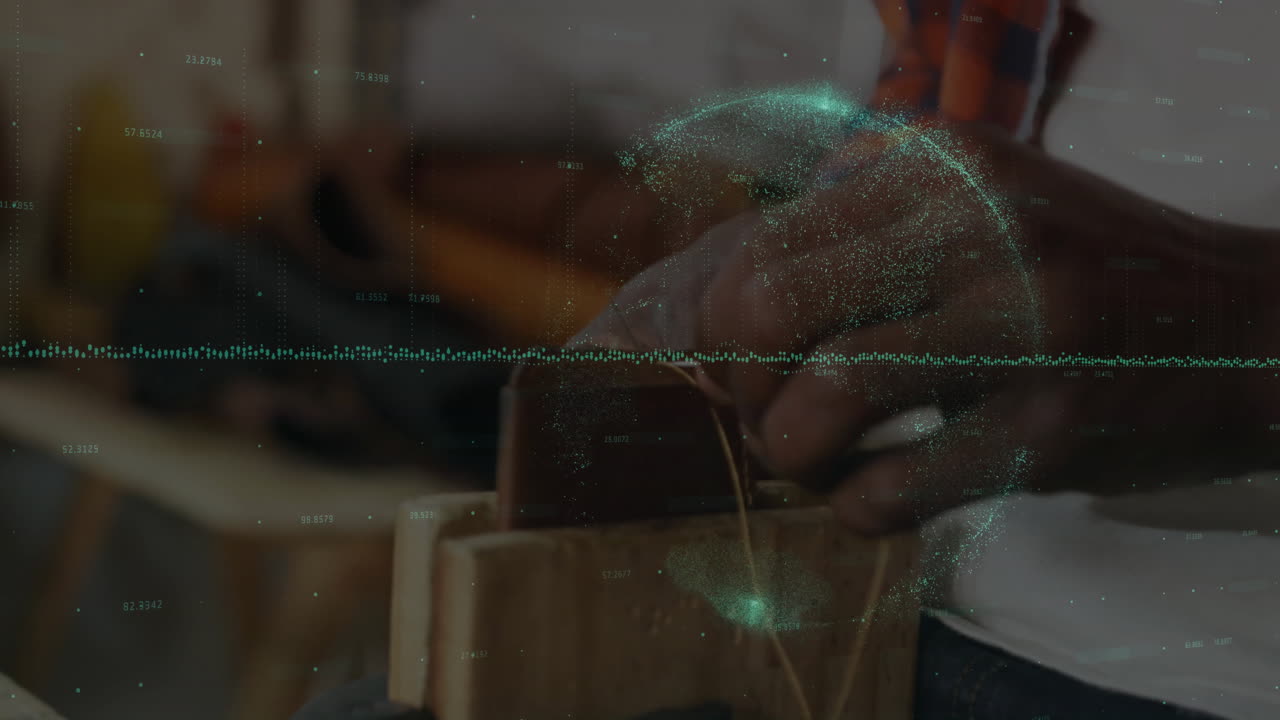 Male artisan hands stitching leather on pony in shop, showing glowing data overlays for technology