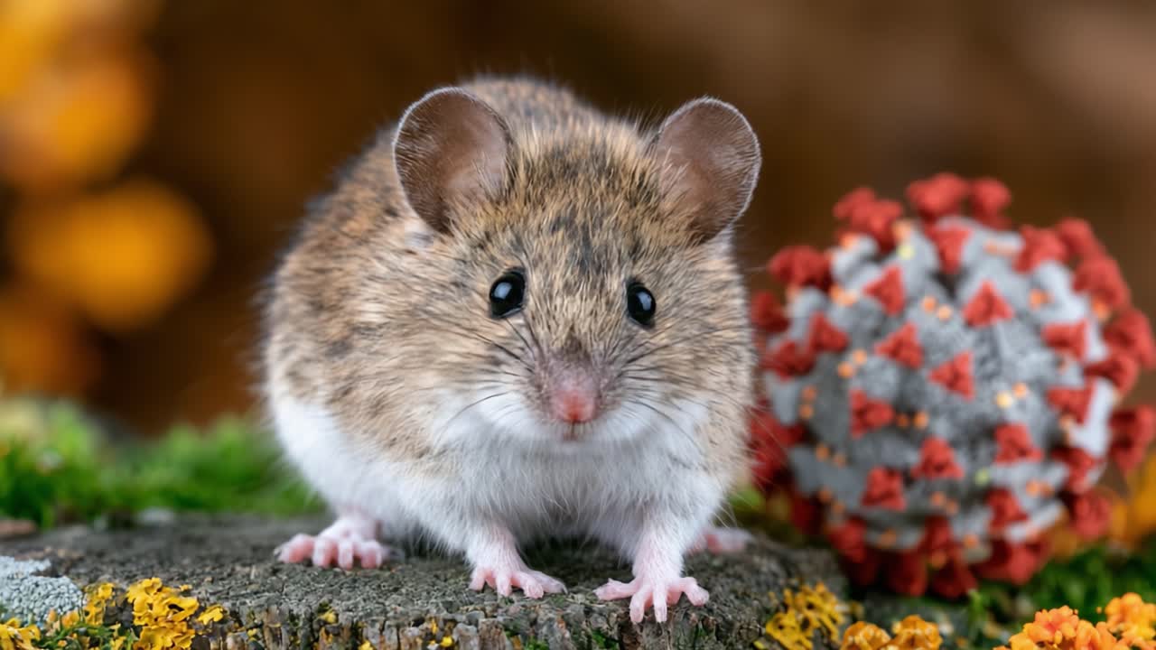 Potret Close-Up Tikus Menggemaskan dengan Pola Bulu yang Rumit, Berlatar Belakang Alam Berwarna-warni Menampilkan Flora Cerah dan Elemen Surealis