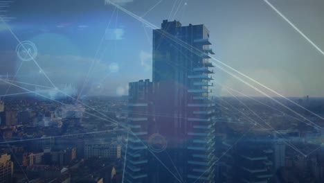 animación de la red de conexiones y procesamiento de datos frente a una vista aérea del paisaje urbano