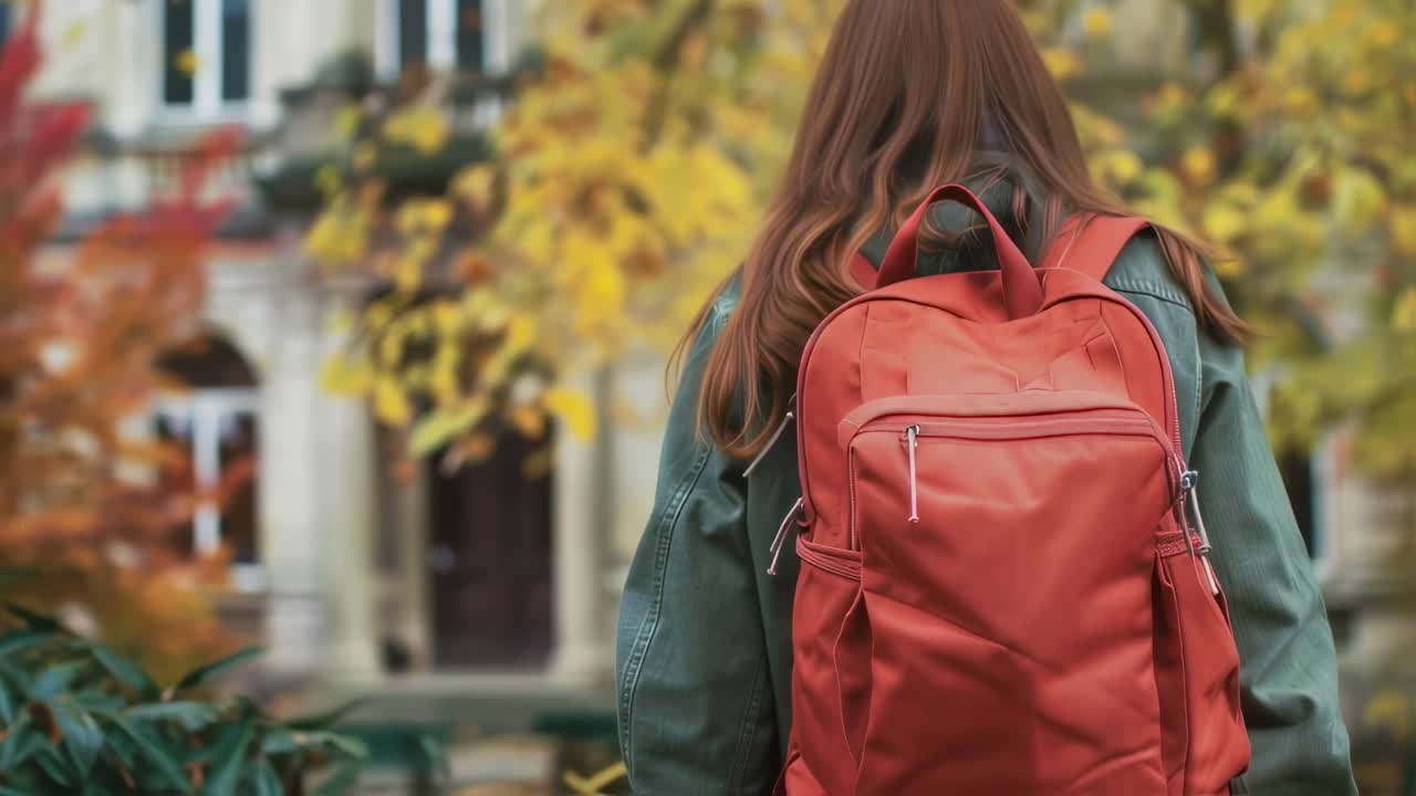 Young student carrying orange backpack walking down tree lined path, moving away from camera during fall season with historic building blending softly in background