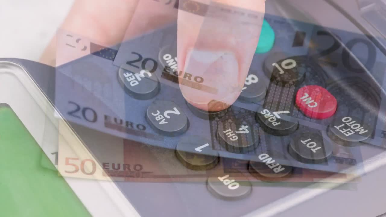 Animation von fallenden Euro-Banknoten über der Hand eines Mannes, der ein Zahlungsterminal hält.