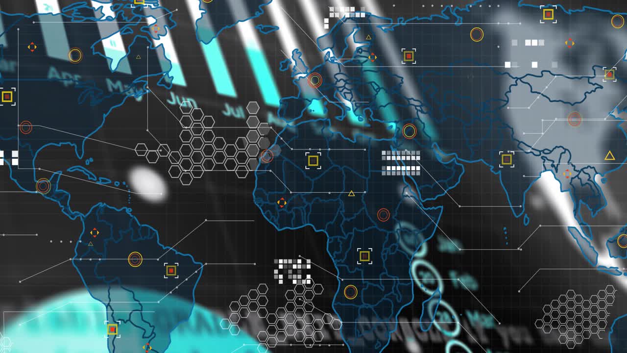 Digital world map projecting neon outlines while data markers shifting with glowing connectors