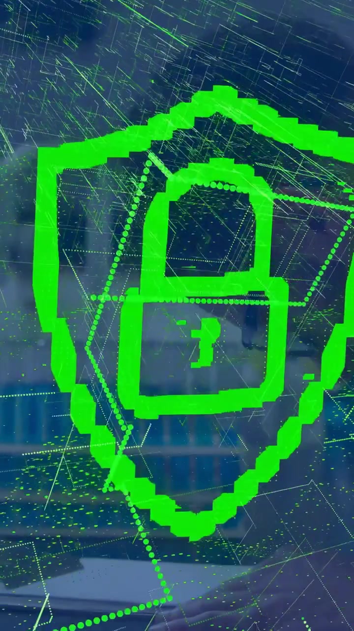 Vertical video: Man moving phone starting shield digits turning question mark, locking padlock tech